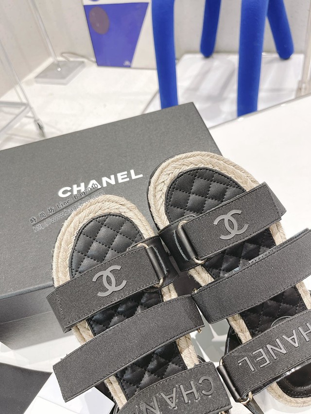 Chanel香奈兒2022春夏最新款打臘麻繩工藝涼鞋 魔術貼女款沙灘涼鞋 dx2660